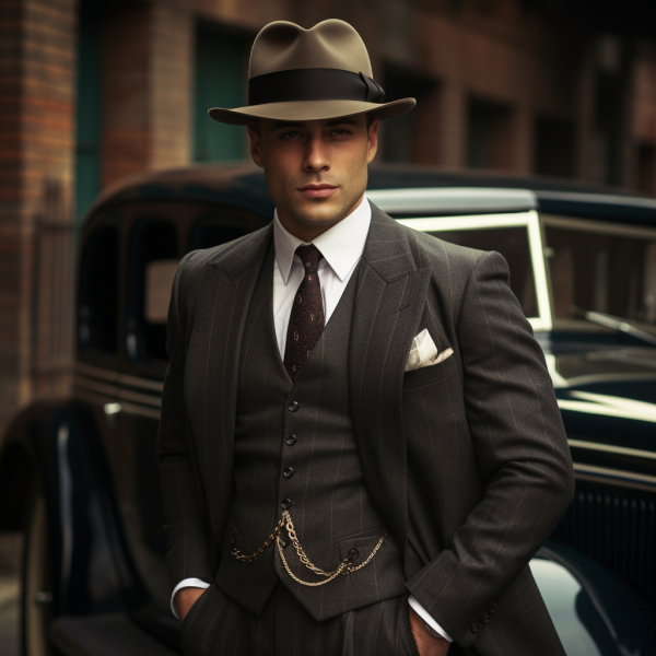 A man in a sharp suit and fedora, representing the polished look of 1920s men’s fashion