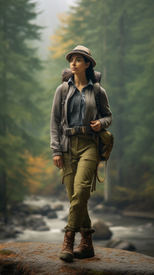 A hiker demonstrating layering of outfits, with a serene forest setting in the background - hiking outfit