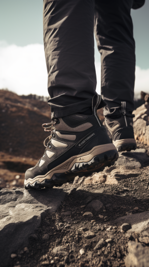 A dynamic shot of hiking boots mid-step on a rugged trail, highlighting grip and design - hiking outfit