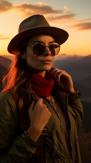 A stylish hiker accessorizing with sunglasses, a hat, and gloves, with a vibrant sunset and mountainous backdrop