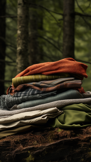 A display of various hiking fabrics, with a focus on texture and weave, set against a lush forest backdrop - hiking attire