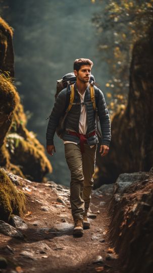 A hiker moving through a challenging trail, showcasing the flexibility and fit of the outfit - hiking attire