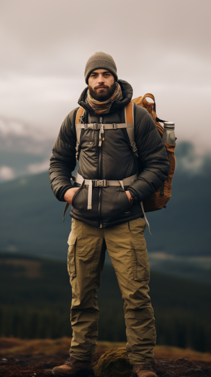 A visual representation of layered hiking attire, with a picturesque, varied weather backdrop