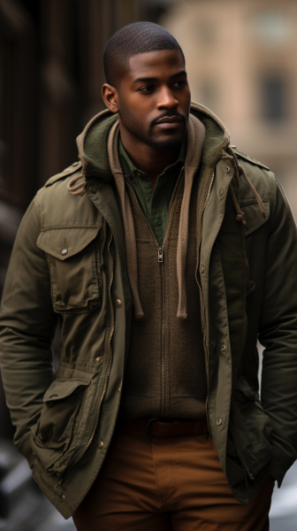 A high-resolution, detailed image showcasing a blend of military-inspired outerwear, tailored clothing, and urban wear.