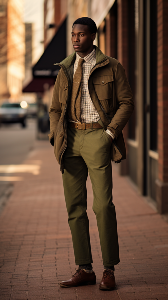 A high-resolution, detailed image showcasing a blend of military-inspired outerwear, tailored clothing, and urban wear.