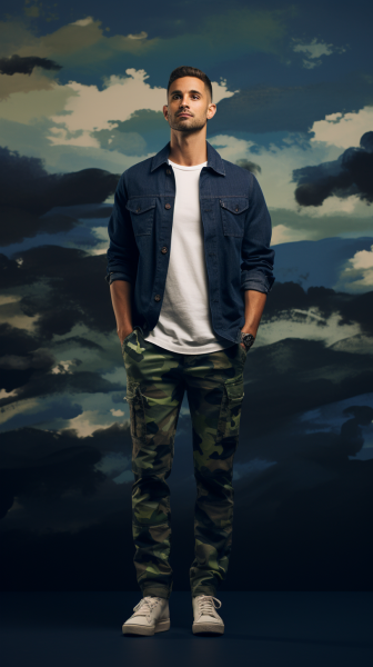 A stylish, fine art photography style image portraying a fashionable individual wearing a faded camo tee, paired with a navy blazer, khaki chinos, and white sneakers