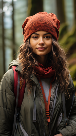 A hiker wearing sustainable attire, with a focus on fabric details, set against a lush, vibrant forest backdrop - hiking fashion