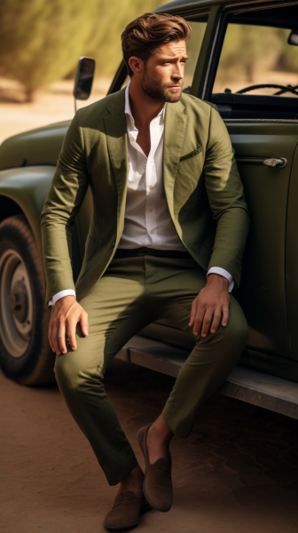 A versatile, high-resolution image illustrating the sophistication of green suits in khaki and olive shades, paired with natural fabrics like linen