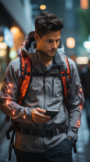 A hiker wearing sustainable attire, with a focus on fabric details, set against a lush, vibrant forest backdrop - hiking fashion