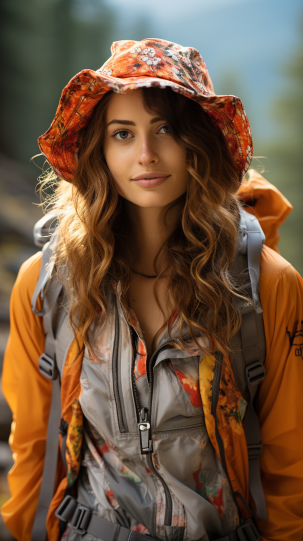 A close-up of hiking attire featuring bold prints and patterns, with a lively, colorful nature setting in the background - hiking fashion