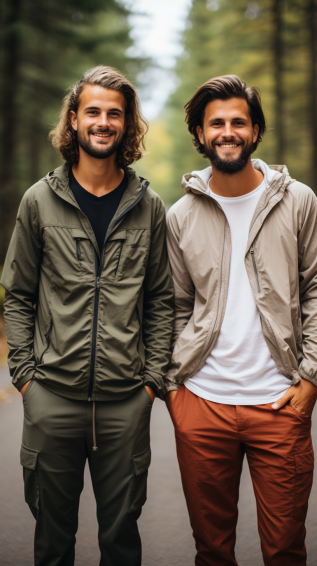 Two side-by-side images: one camper dressed in lightweight, breathable fabrics for summer, and another layered in long-sleeve shirts, sweaters, and jackets for cooler weather.