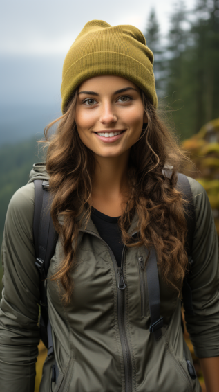 A camper actively engaged in hiking, wearing stretchy, durable, and moisture-wicking clothing, possibly showing small sweat droplets to indicate physical activity.
