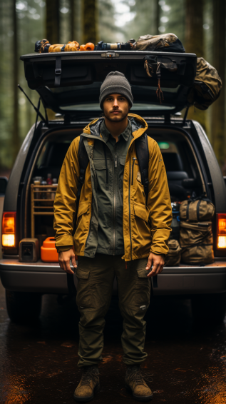 A camper utilizing the multiple pockets of their clothing, storing a pocket knife, flashlight, or other small essentials, and another image of a camper wearing a hat and a lightweight rain jacket.
