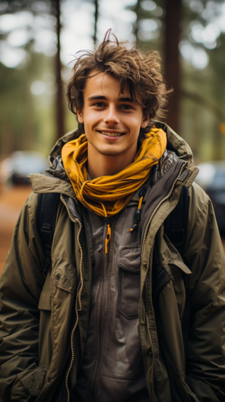  A camper wearing a layered outfit, perhaps peeling off a jacket with a smile 