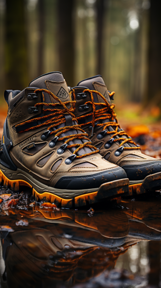 A pair of sturdy hiking boots navigating through rough terrains, focusing on the grip, ankle support, and perhaps a splash of mud to show durability.