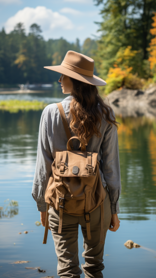 A camper wearing a wide-brimmed hat and a stylish backpack, perhaps looking into a mirror or a reflective surface (like a lake), admiring their functional yet stylish look.
