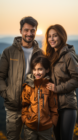 Family members engaged in various camping activities