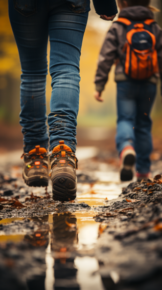 Close-up of a family’s feet, each wearing different types of sturdy outdoor footwear, navigating through a slightly challenging terrain