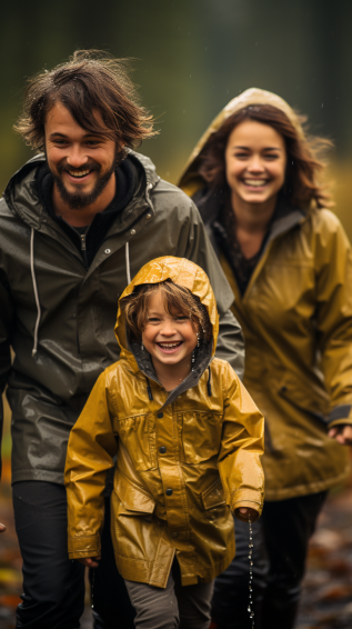 The family happily exploring or playing in a light rain, wearing their lightweight rain jackets and waterproof pants, with smiles on their faces.