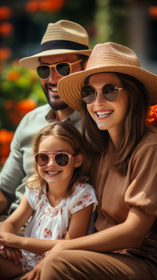 Family members wearing wide-brimmed hats and sunglasses, enjoying a sunny day outdoors without squinting or shielding their eyes.
