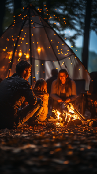 a family sitting around a campfire, at night
