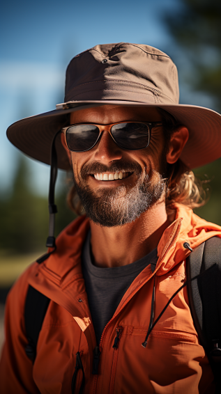 Close-up of an angler wearing a wide-brimmed hat, with the sun shining above, emphasizing the shade provided on the face and neck.