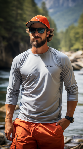 An angler, actively fishing, wearing a moisture-wicking, quick-drying shirt, possibly with visible sweat being wicked away from the body.