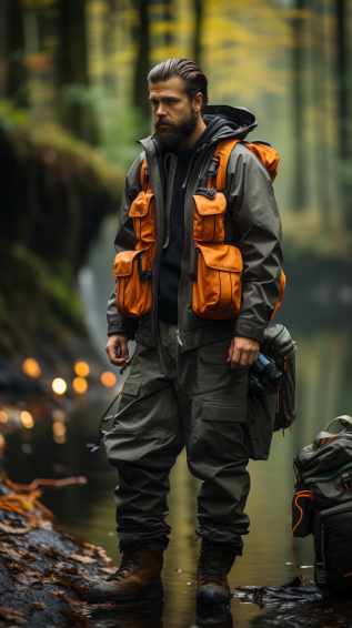 An angler utilizing the multiple pockets of their fishing pants, storing small tools and accessories, with a subtle shield symbolizing insect repellent properties.