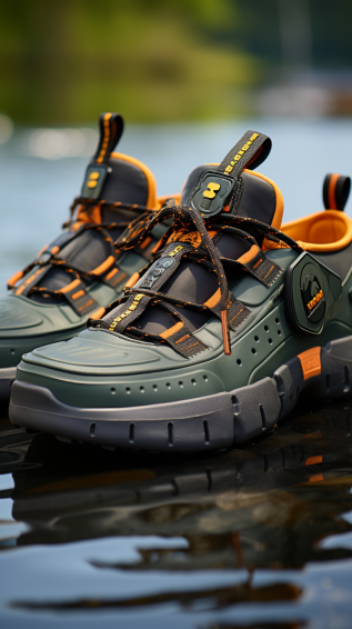 A pair of fishing shoes firmly gripping a slippery surface, perhaps on a wet boat deck or near the water’s edge, emphasizing non-slip soles and comfort.