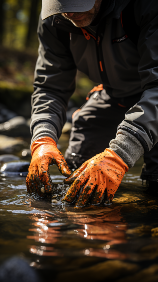 A pair of hands wearing fishing gloves, handling a fish or fishing line, with icons or small visuals indicating UV protection and touchscreen compatibility.