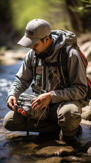 An angler utilizing various functional features of their attire: reaching into a pocket for gear, adjusting cuffs, and perhaps a small inset showing vented areas for cooling.