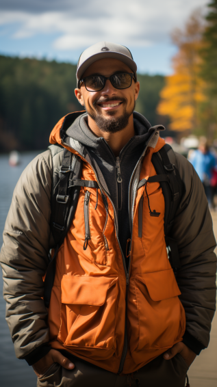 An angler, confidently posing in fashionable fishing attire, reflecting a blend of personal style and functionality, perhaps with a catch in hand to show success.