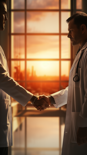 A doctor in a white coat, extending a comforting hand to a patient, symbolizing trust and assurance.
