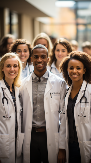 Diverse healthcare professionals from around the world, all donned in white coats, symbolizing a global unity in healthcare.
