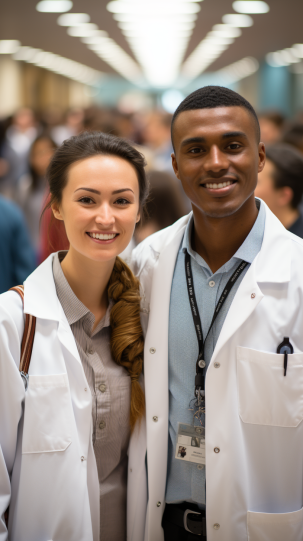  narrative image of doctors from various hospitals gradually transitioning into white coats, illustrating the widespread adoption across the medical field