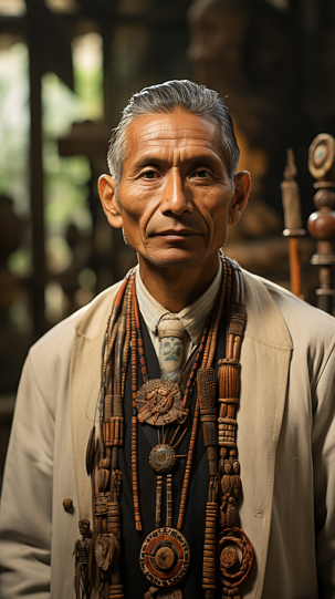 a Mayan doctor wearing a white robe with simple patterns, perhaps in a clean and organized medical setting. The doctor might be shown treating a patient or preparing natural medicines, reflecting their focus on purity and cleanliness.
