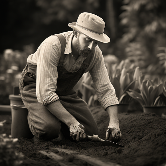 A black and white image of a gardener from the past, wearing a utilitarian apron, carefully sowing seeds in a well-kept garden, with a focus on the practicality of the outfit. - gardener outfits