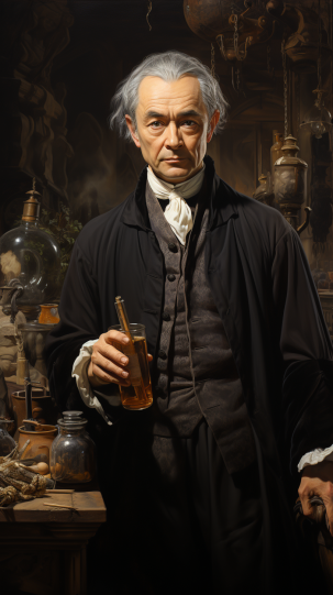 Depict a Spanish colonial doctor in a long black coat, white wig, and with a powdered face, possibly holding a medical tool from the era. The background might include elements that reflect both the New and Old World, symbolizing the blend of cultures.
