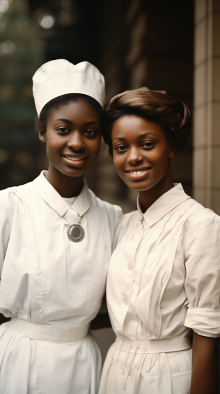 A nurse donned in a starched white dress, apron, and a nurse’s cap, embodying the image of the diligent, caring professional in the early to mid-20th century.
