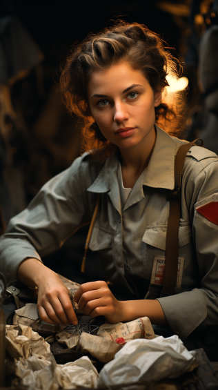 A military nurse during the World Wars, equipped with a crisp, functional uniform, perhaps displaying a red cross, and nursing kit, ready to tend to the wounded on the battlefield.
