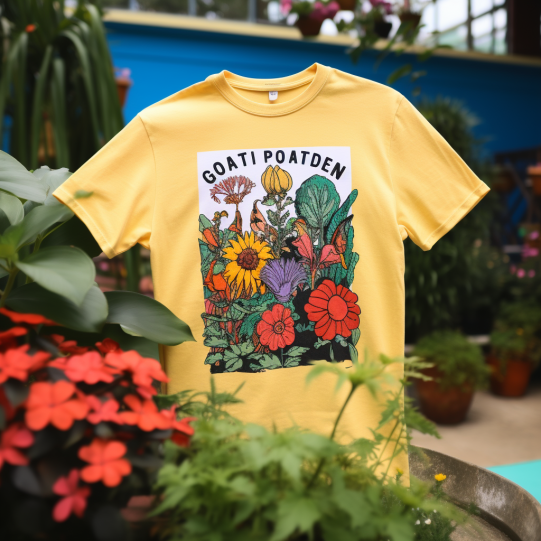 A close-up of a colorful gardening t-shirt, adorned with a vibrant print of various plants and a catchy slogan, displayed against a backdrop of a lively, modern garden