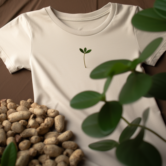 A neatly folded, sustainable t-shirt, with a tag highlighting its eco-friendly properties, placed beside a thriving potted plant, in a bright, airy setting