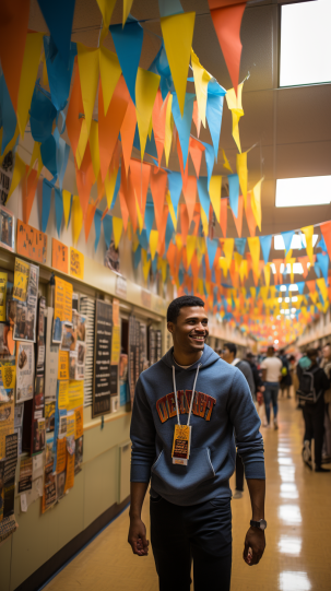 A vibrant classroom or school hallway during a special event. Teachers are adorned in various school spirit wear: one in a T-shirt with the school's mascot printed on it, another in a school-logo sweatshirt, and a third wearing a hat or cap with the school's emblem.