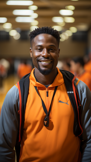 Teacher wearing sports clothes standing in the middle of the basketball court
