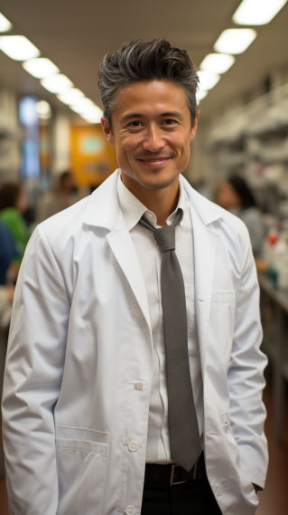 A chemistry teacher in a white lab coat