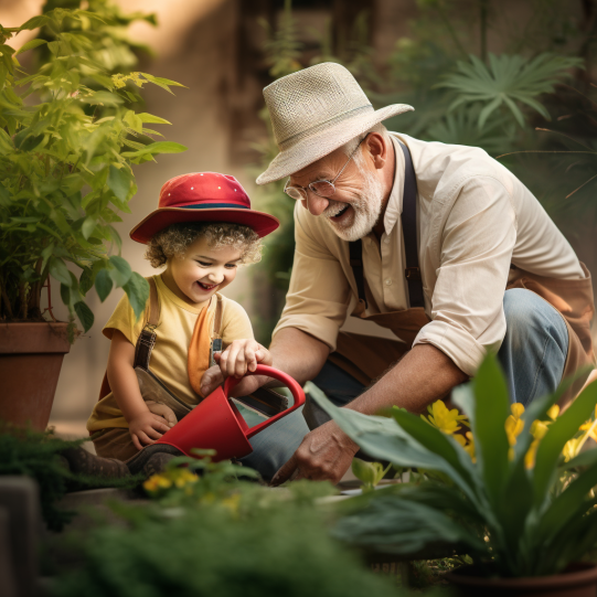 A heartwarming image of a grandparent and grandchild, gardening together, wearing their respective traditional and modern gardening outfits, sharing stories and smiles amidst the greenery.