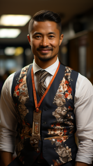 A language teacher in traditional attire of the language they teach