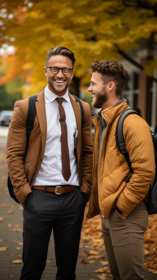 A teacher wearing a sweater inside and a blazer outside, casual pants, holding a notebook, talking to another teacher
