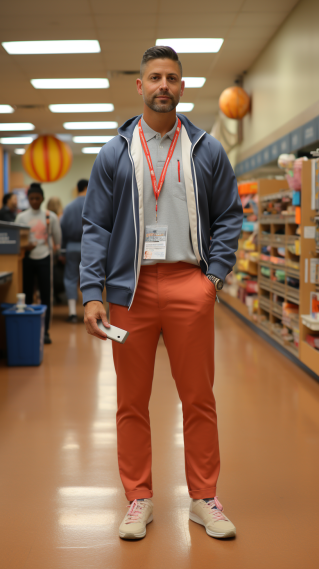 The physical education teacher wears a sports outfit, sports shoes, a teacher's ID card and a command whistle around his neck
