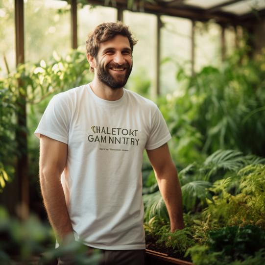 A close-up of a gardener wearing a breathable t-shirt with a playful plant-themed slogan, surrounded by lush greenery, highlighting comfort and expression. - gardening attire